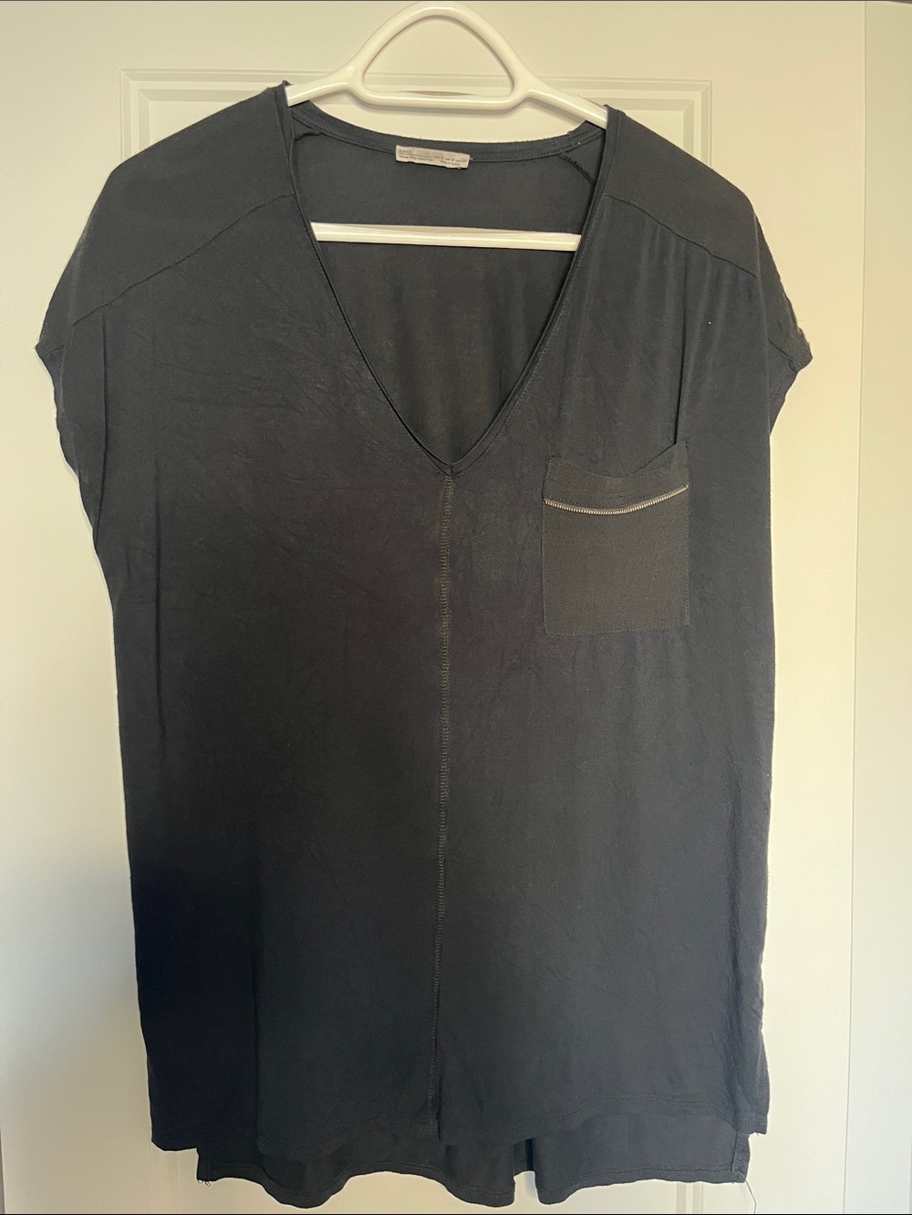 Zara Black V-Neck Short Sleeve Tunic with Chest Pocket